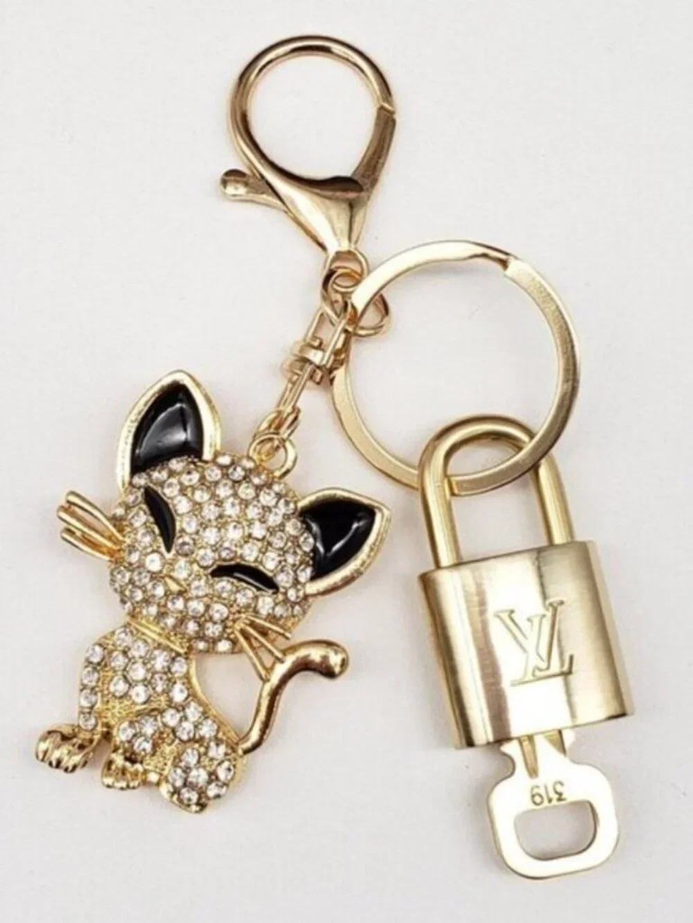 Louis Vuitton Gold Padlock Key 🔒 Authentic LV Charm + Unbranded Cat Keychain